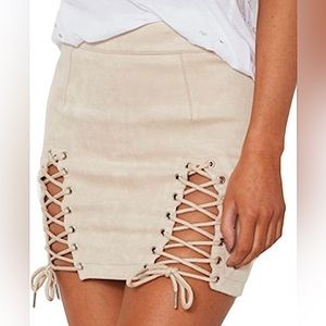 High Waist Lace Up Suede Skirt